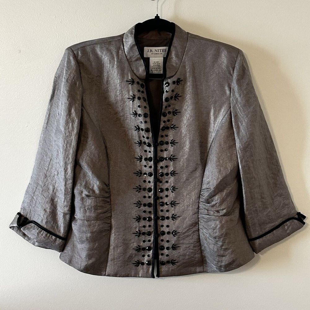 J.R. Nites Carol Lin Iridescent Brown Gray Satin Blouse Jacket‎ Formal Sz 14